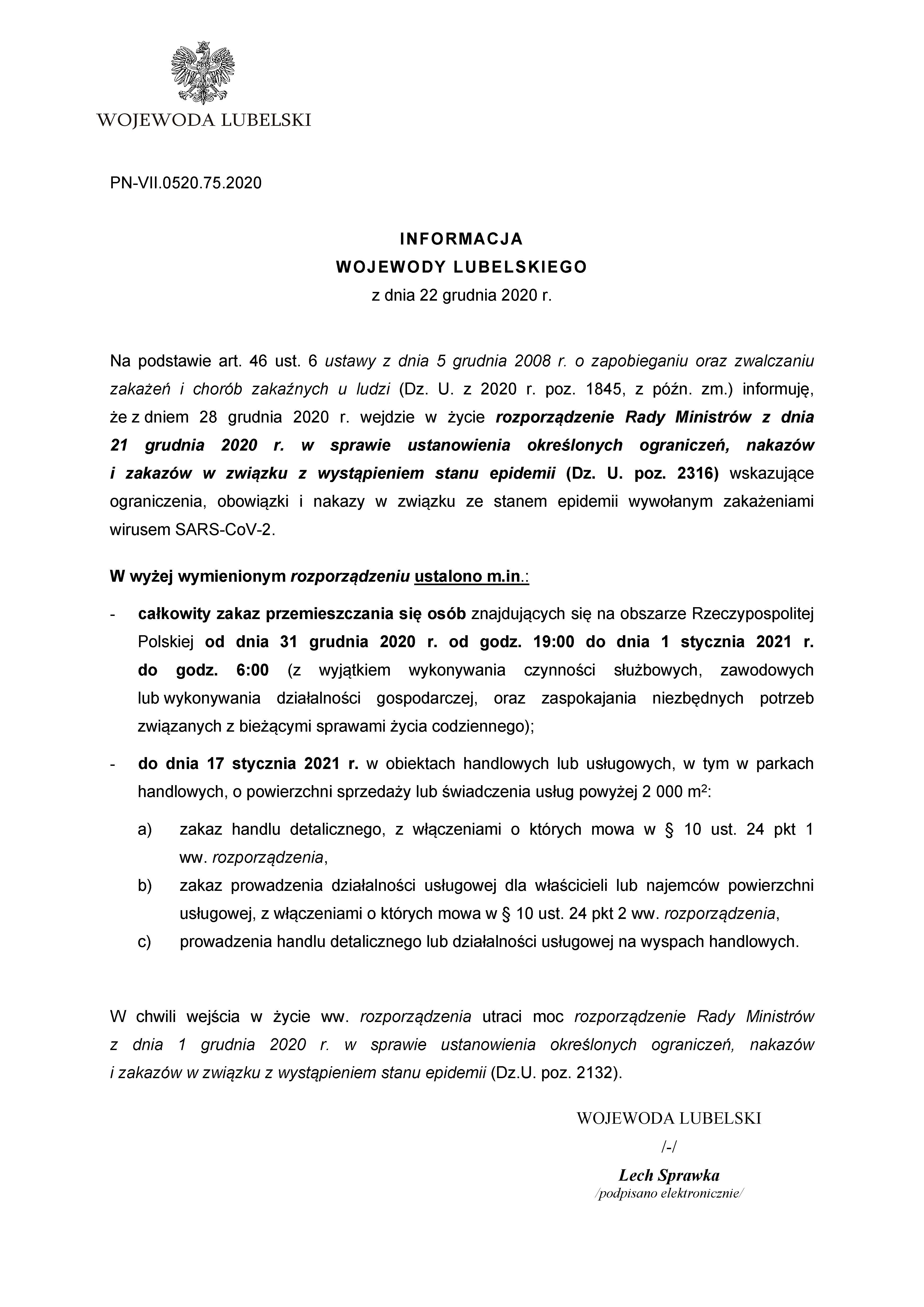 Informacja Wojewody Lubelskiego z dnia 22 grudnia 2020r. - zdjęcie