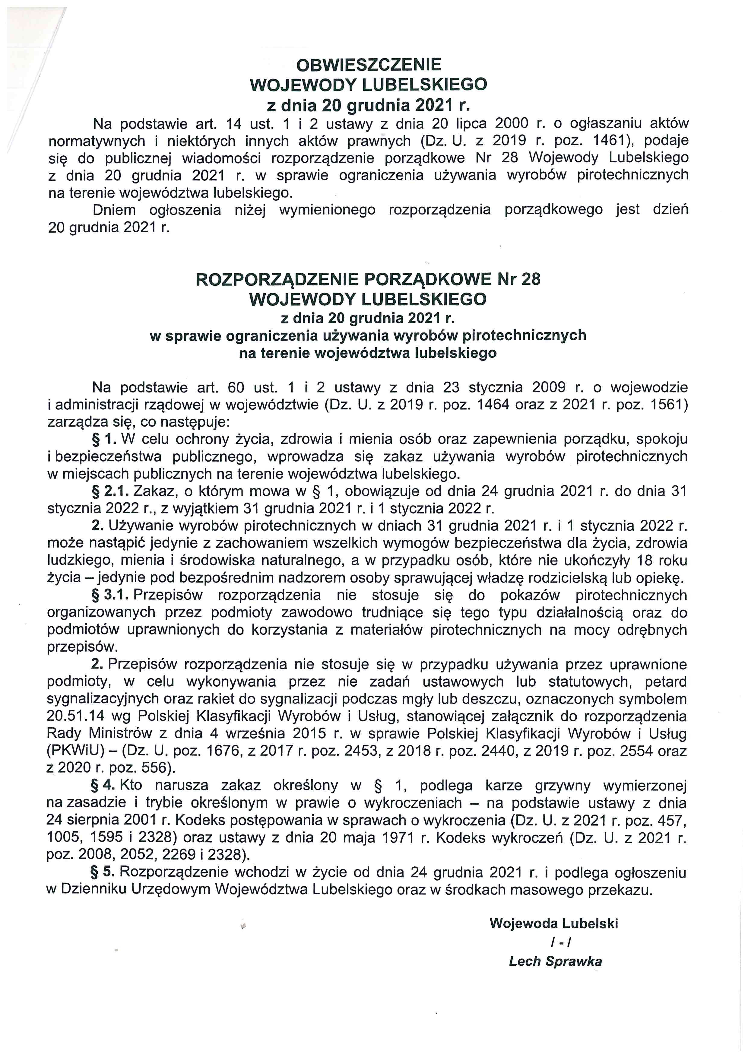 Rozporządzenie Porządkowe Nr 28 Wojewody Lubelskiego w sprawie ograniczenia uzywania wyrobów pirotechnicznych - zdjęcie