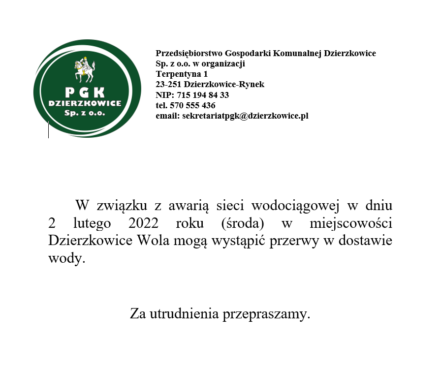 Przerwy w dostawie wody 02.02.2022 r. Dzierzkowice-Wola