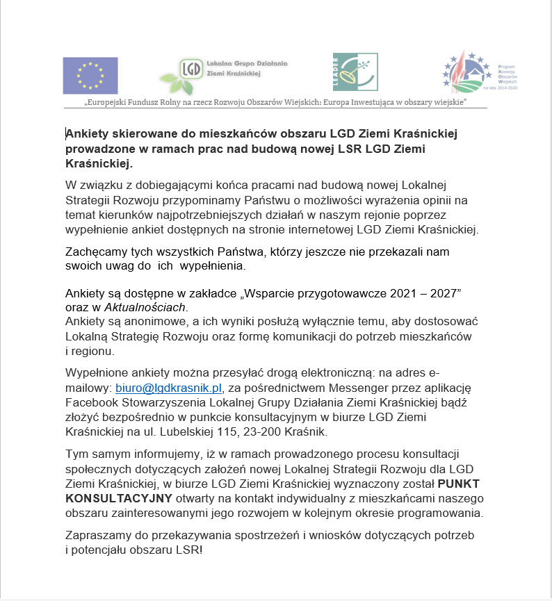 Ankiety skierowane do mieszkańców obszaru LGD Ziemi Kraśnickiej prowadzone w ramach prac nad budową nowej LSR LGD Ziemi Kraśnickiej.