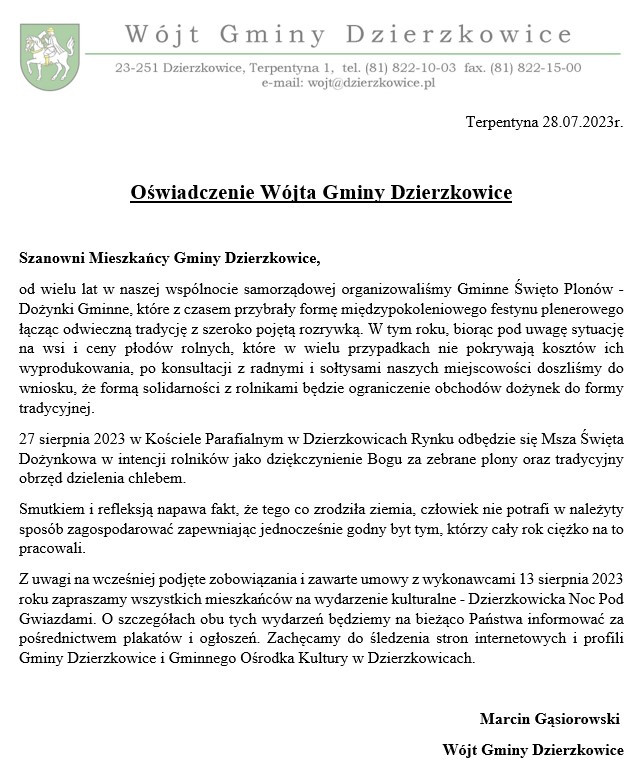 Oświadczenie Wójta Gminy Dzierzkowice w sparwie Dożynek Gminnych - zdjęcie