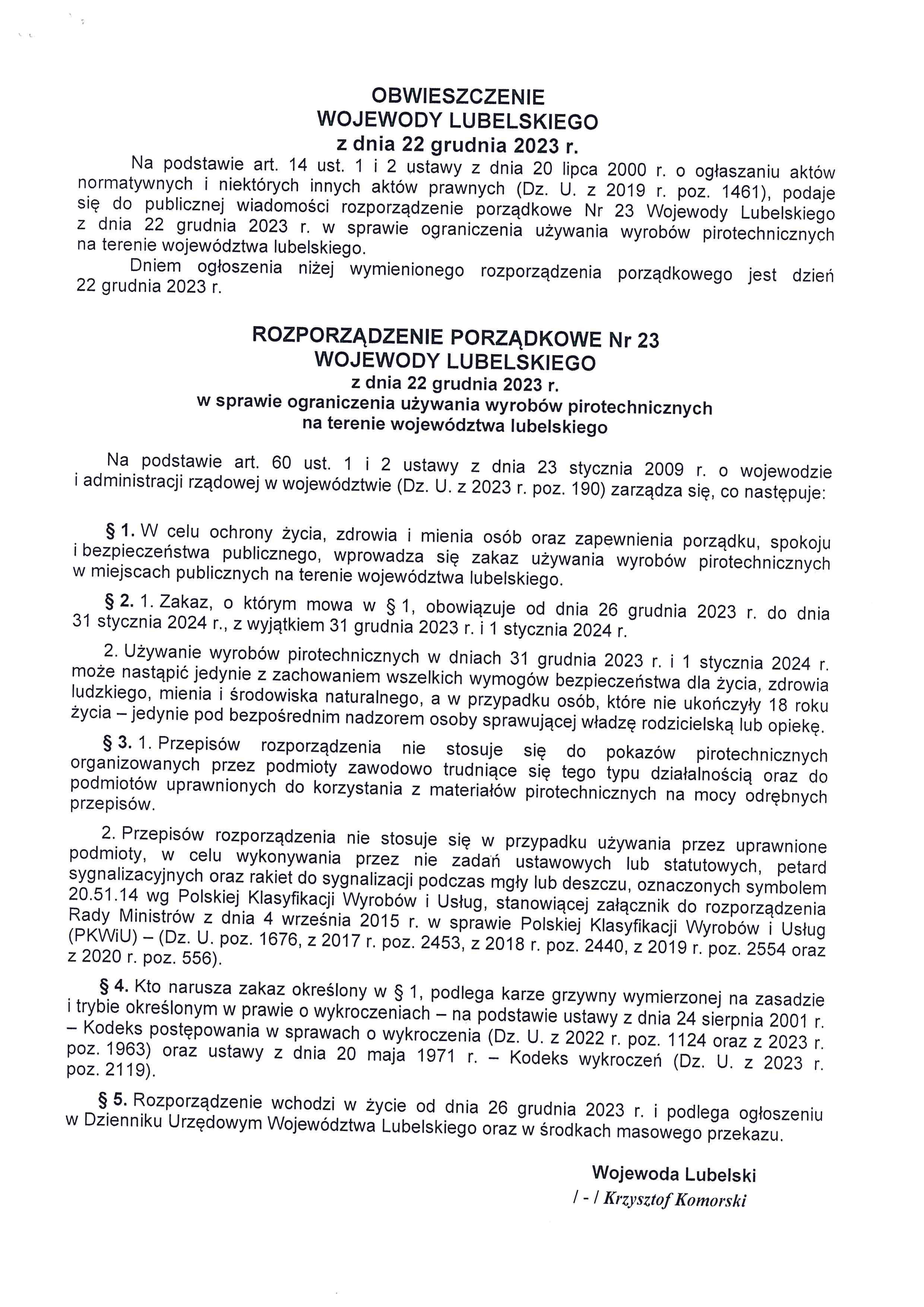 Rozporządzenie porządkowe Nr 23 Wojewody Lubelskiego Nr 23 z 22.12.2023 r.
