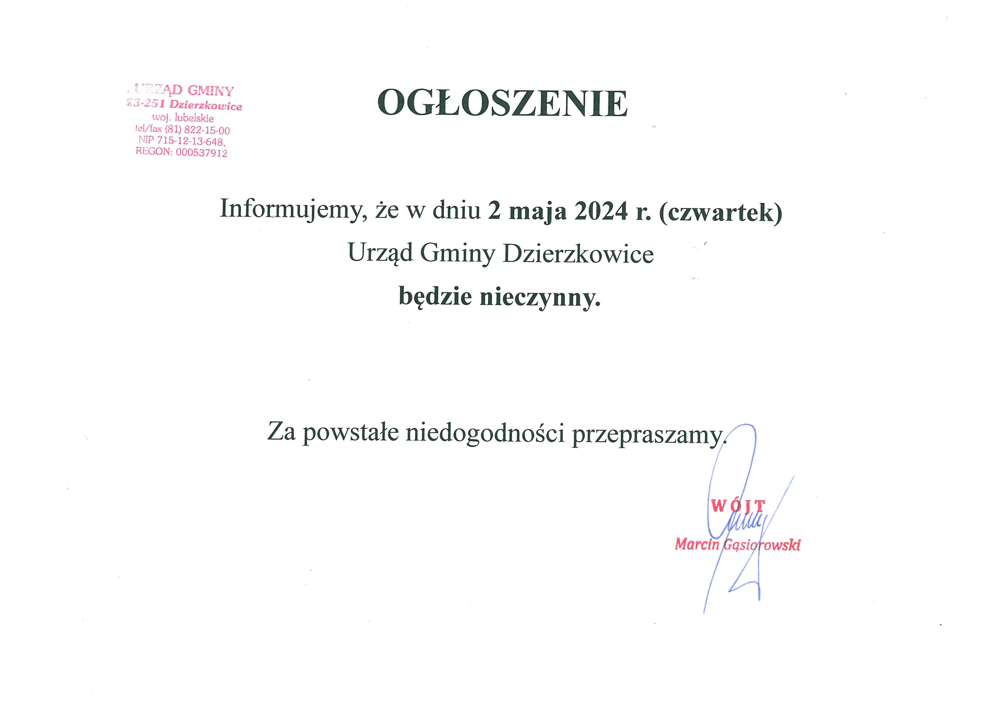 W dniu 2 maja Urząd Gminy w Dzierzkowicach będzie nieczynny - zdjęcie