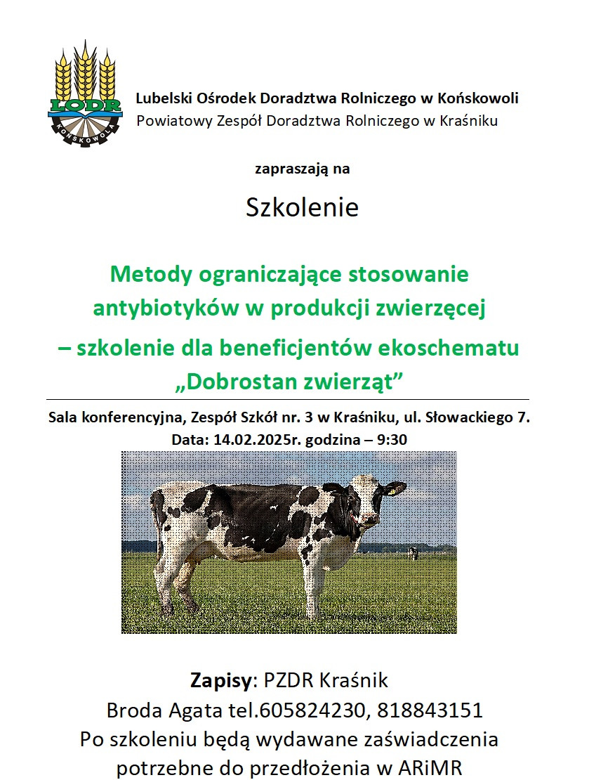 LODR w Końskowoli zaprasza na szkolenie: "Metody ograniczające stosowania antybiotyków w produkcji zwierzęcej - szkolenie dla beneficjentów ekoschematu "Dobrostan zwierząt"" - zdjęcie