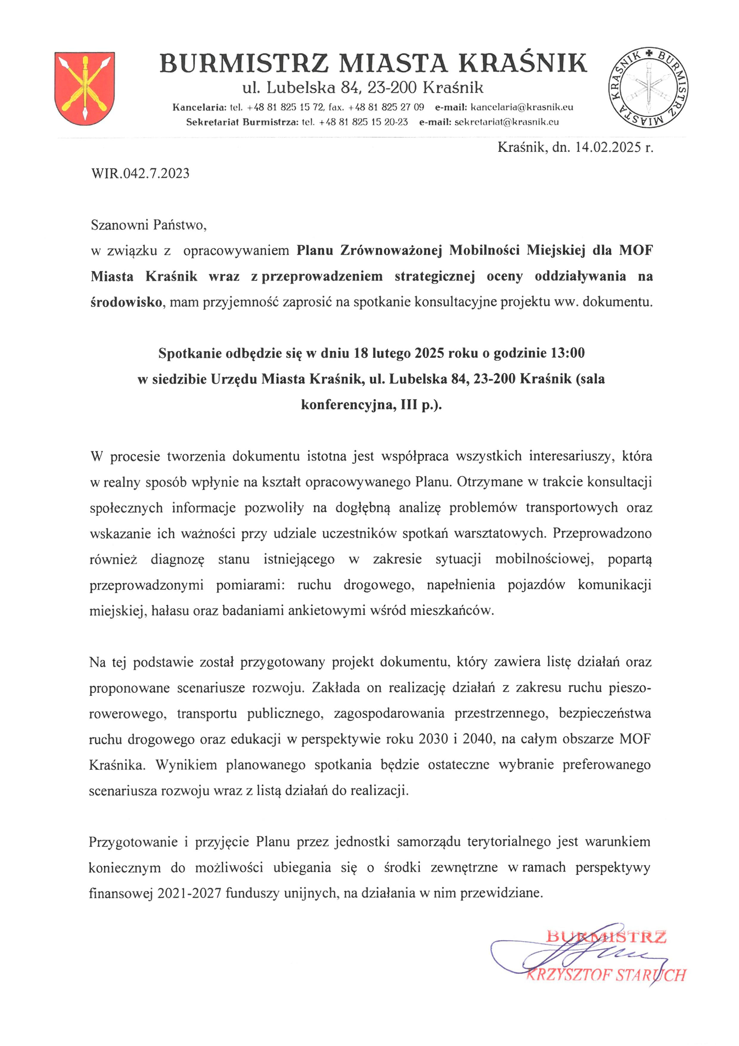 Spotkanie konsultacyjne do projektu Planu Zrównoważonej Mobilności Miejskiej dla MOF Miasta Kraśnik wraz z przeprowadzeniem strategicznej oceny oddzialywania na środowisko - zdjęcie