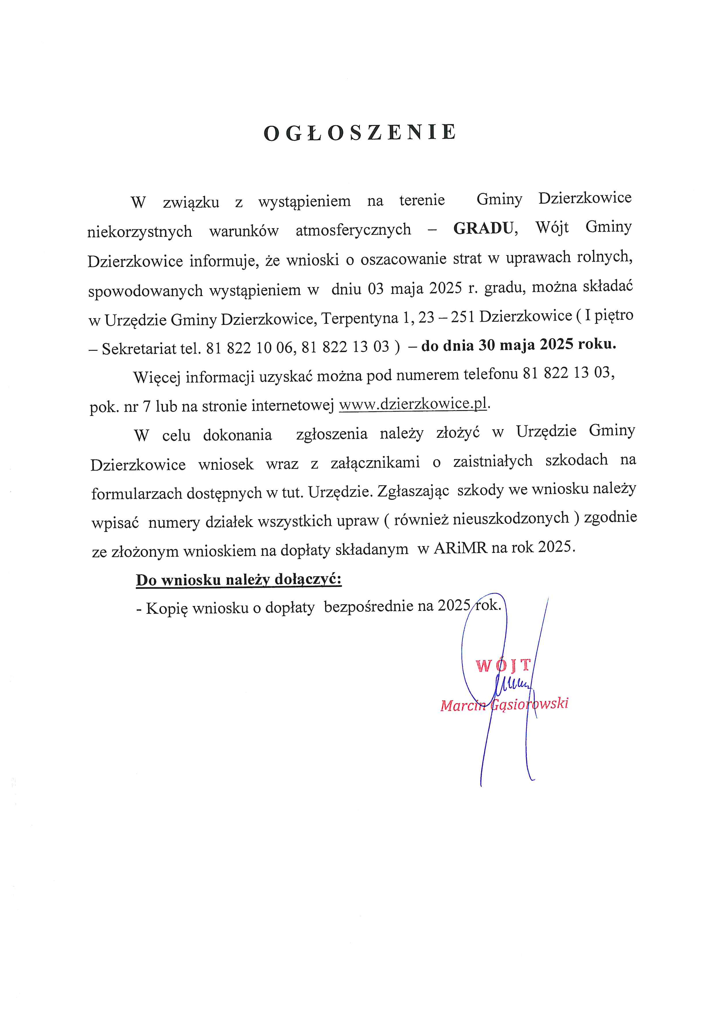 Ogłoszenie - szacowanie strat w uprawach rolnych spowodowanych wystąpieniem w dniu 3 maja 2025 r. GRADU - zdjęcie