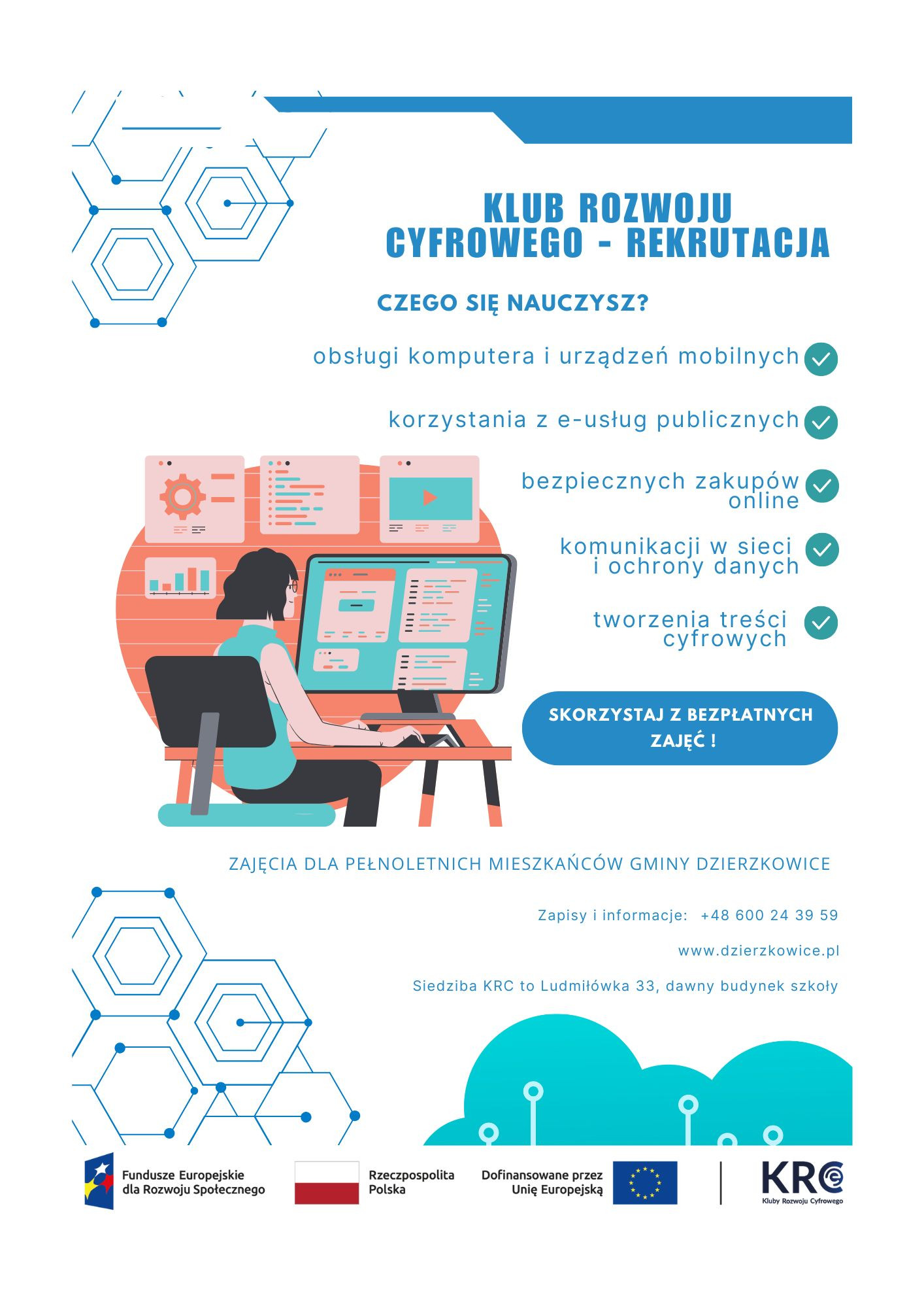 Zapraszamy do udziału w projekcie pn.: „Utworzenie  Klubu Rozwoju Cyfrowego w Gminie Dzierzkowice”, realizowanego w ramach Europejskiego Funduszu Społecznego Plus, Program Fundusze Europejskie dla Rozwoju Społecznego 2021 – 2027. - zdjęcie