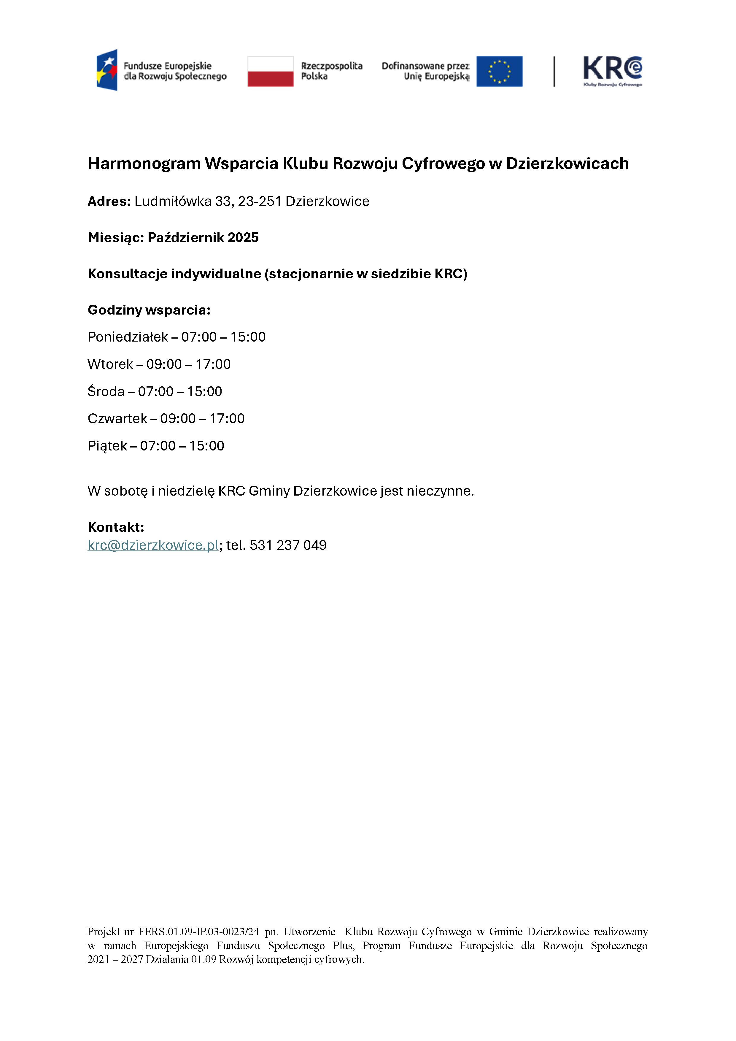 Harmonogram Wsparcia Klubu Rozwoju Cyfrowego w Dzierzkowicach - październik 2025 - zdjęcie