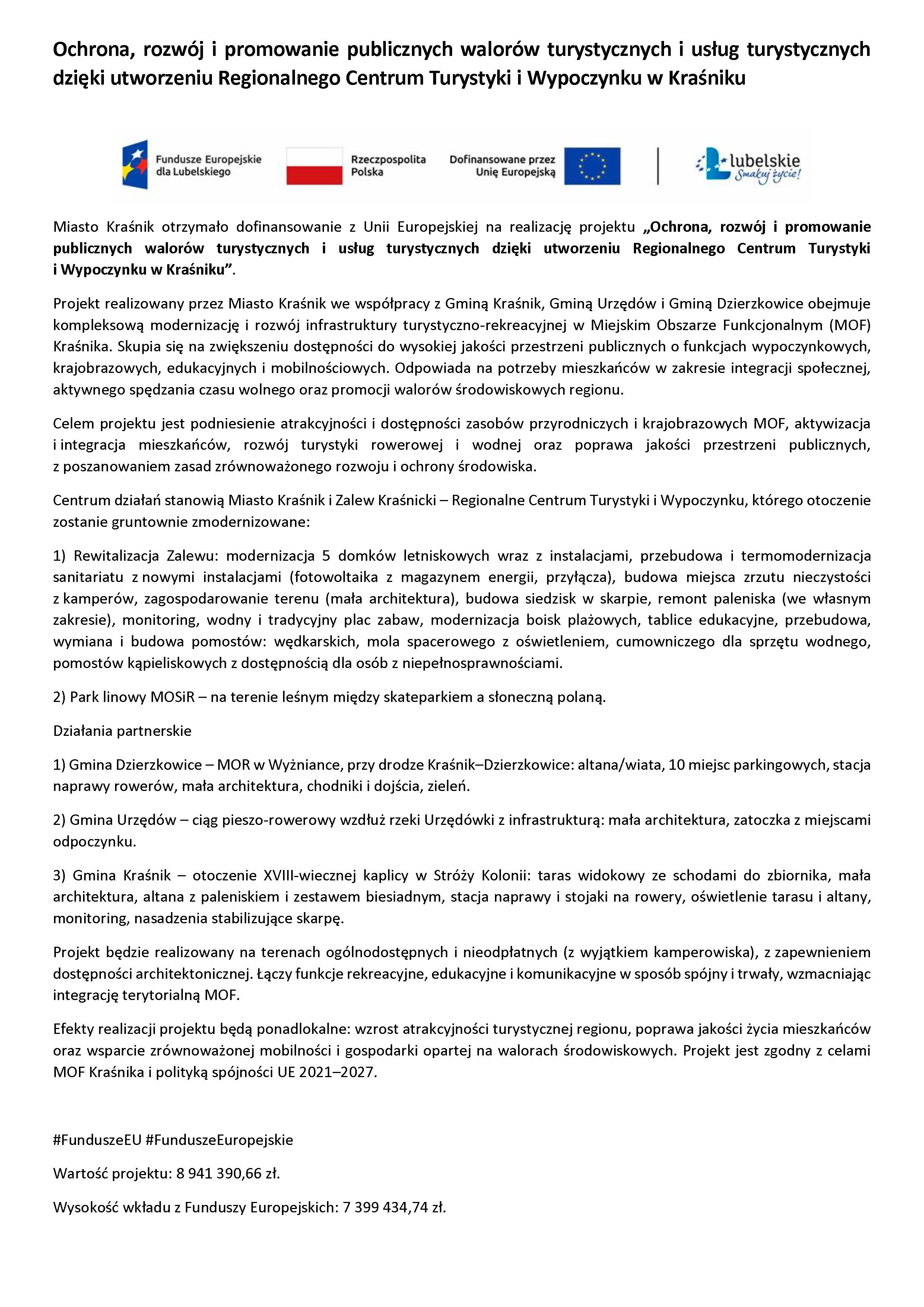 Ochrona, rozwój i promowanie publicznych walorów turystycznych i usług turystycznych dzięki utworzeniu Regionalnego Centrum Turystyki i Wypoczynku w Kraśniku - zdjęcie