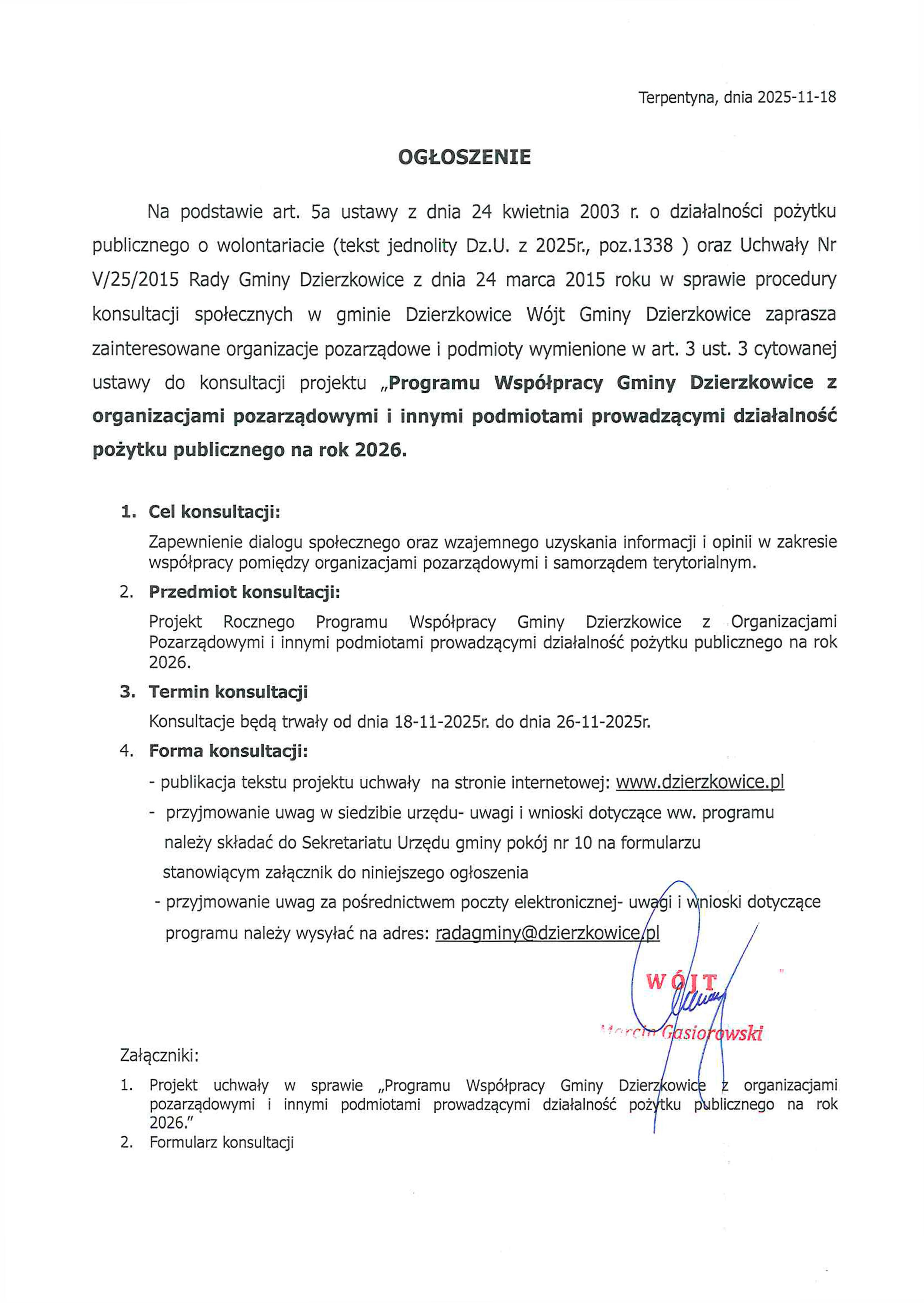 Konsultacje „Programu Współpracy Gminy Dzierzkowice z organizacjami pozarządowymi i innymi podmiotami prowadzącymi działalność pożytku publicznego na rok 2026" - zdjęcie