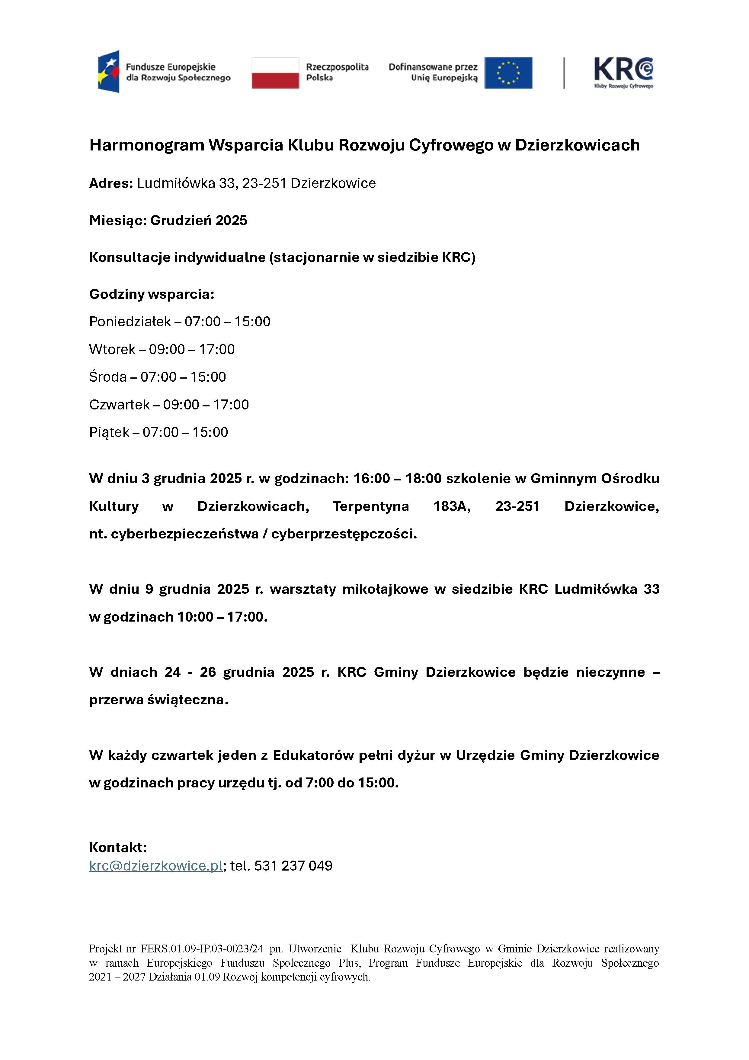 Harmonogram Wsparcia Klubu Rozwoju Cyfrowego w Dzierzkowicach - grudzień 2025 - zdjęcie