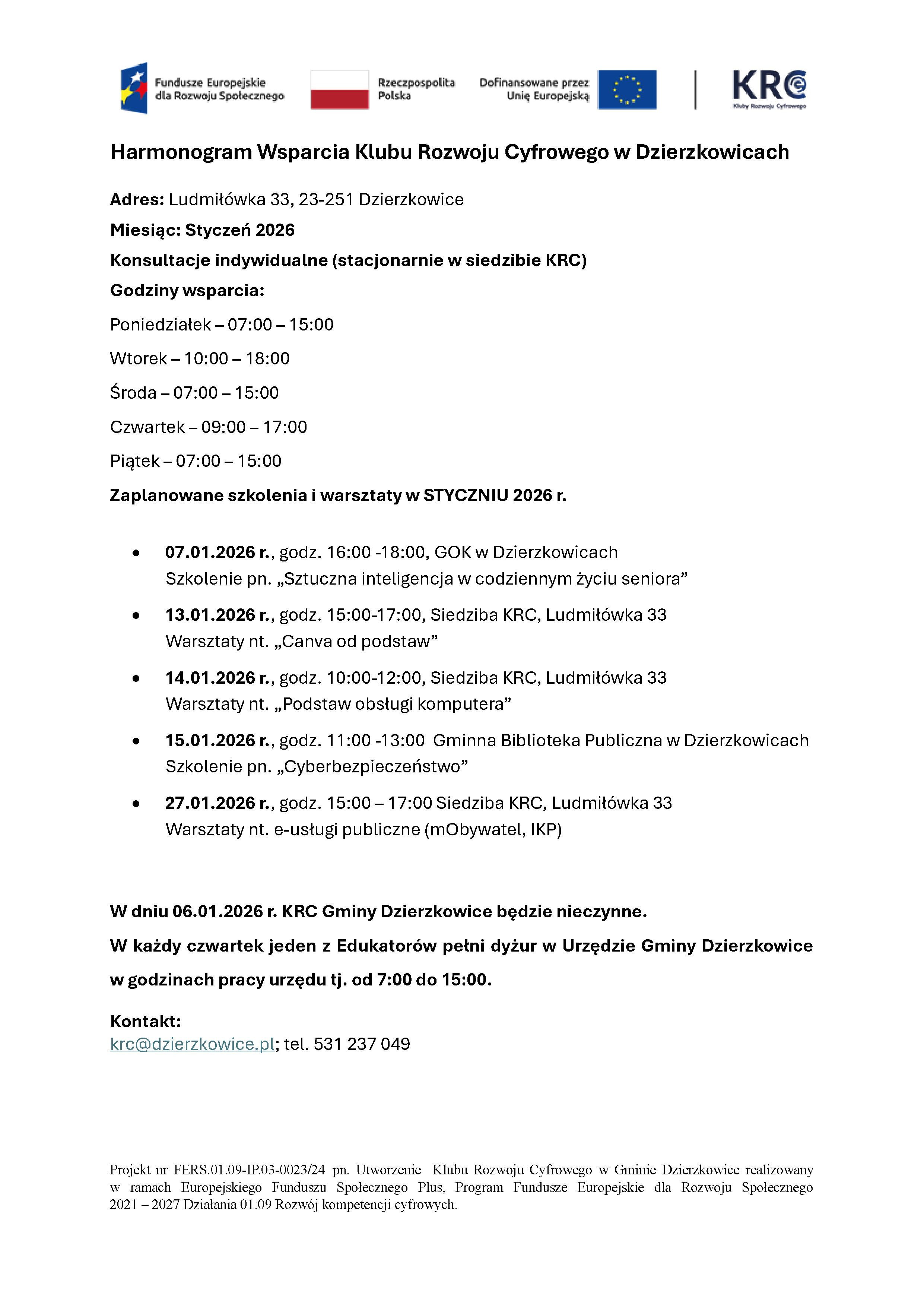 Harmonogram Wsparcia Klubu Rozwoju Cyfrowego w Dzierzkowicach - styczeń 2026 v.2