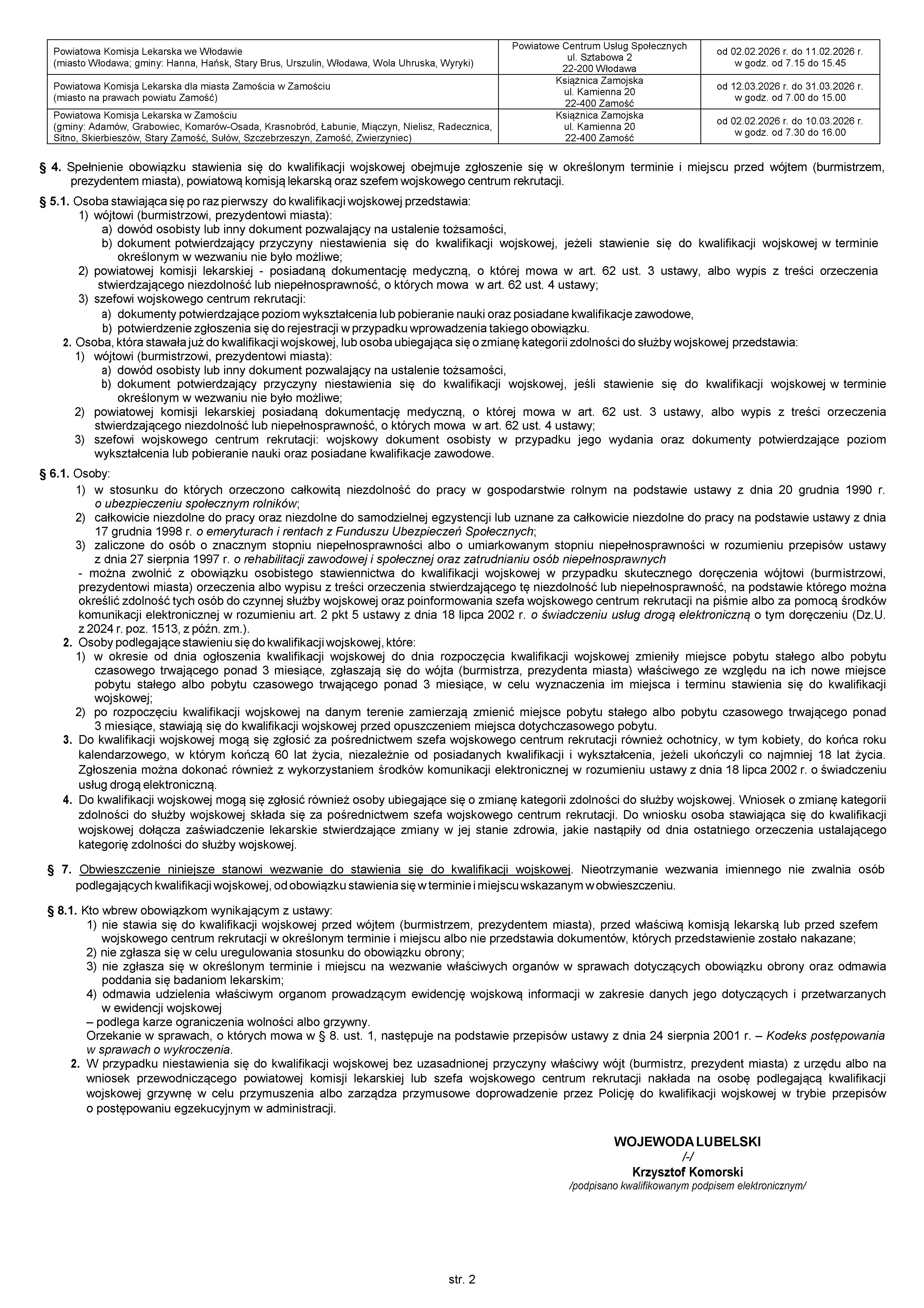 OBWIESZCZENIE WOJEWODY LUBELSKIEGO z dnia 16 stycznia 2026 roku o przeprowadzeniu kwalifikacji wojskowej w 2026 roku