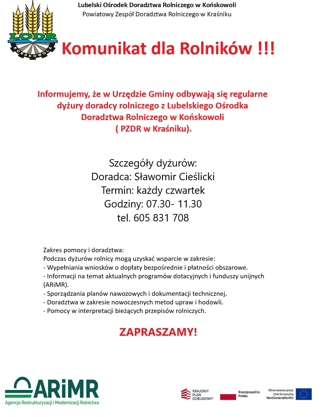 Dyżury pracownika LODR w Urzędzie Gminy Dzierzkowice