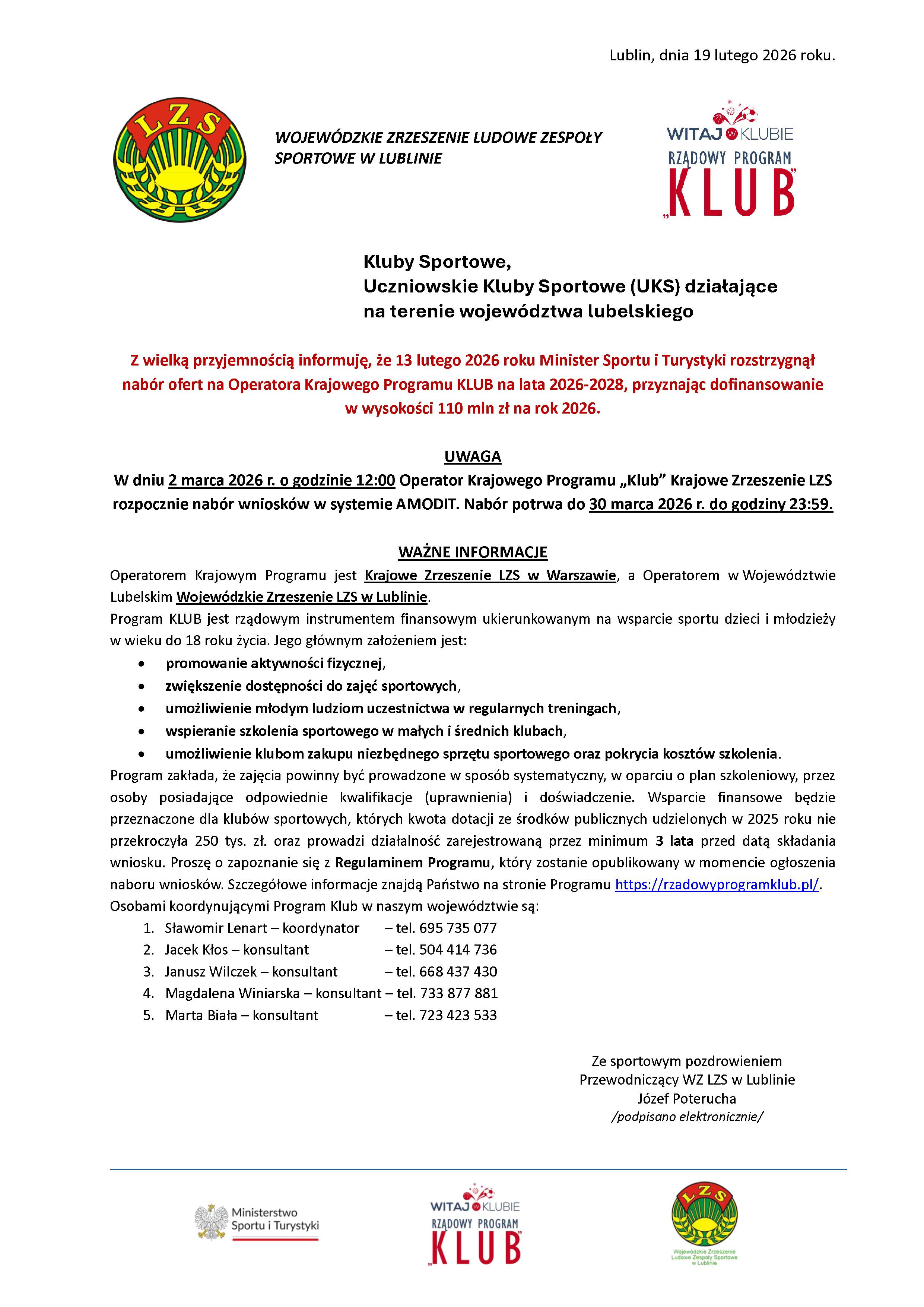 Operator Krajowego Programu „Klub” Krajowe Zrzeszenie LZS rozpocznie nabór wniosków w systemie AMODIT