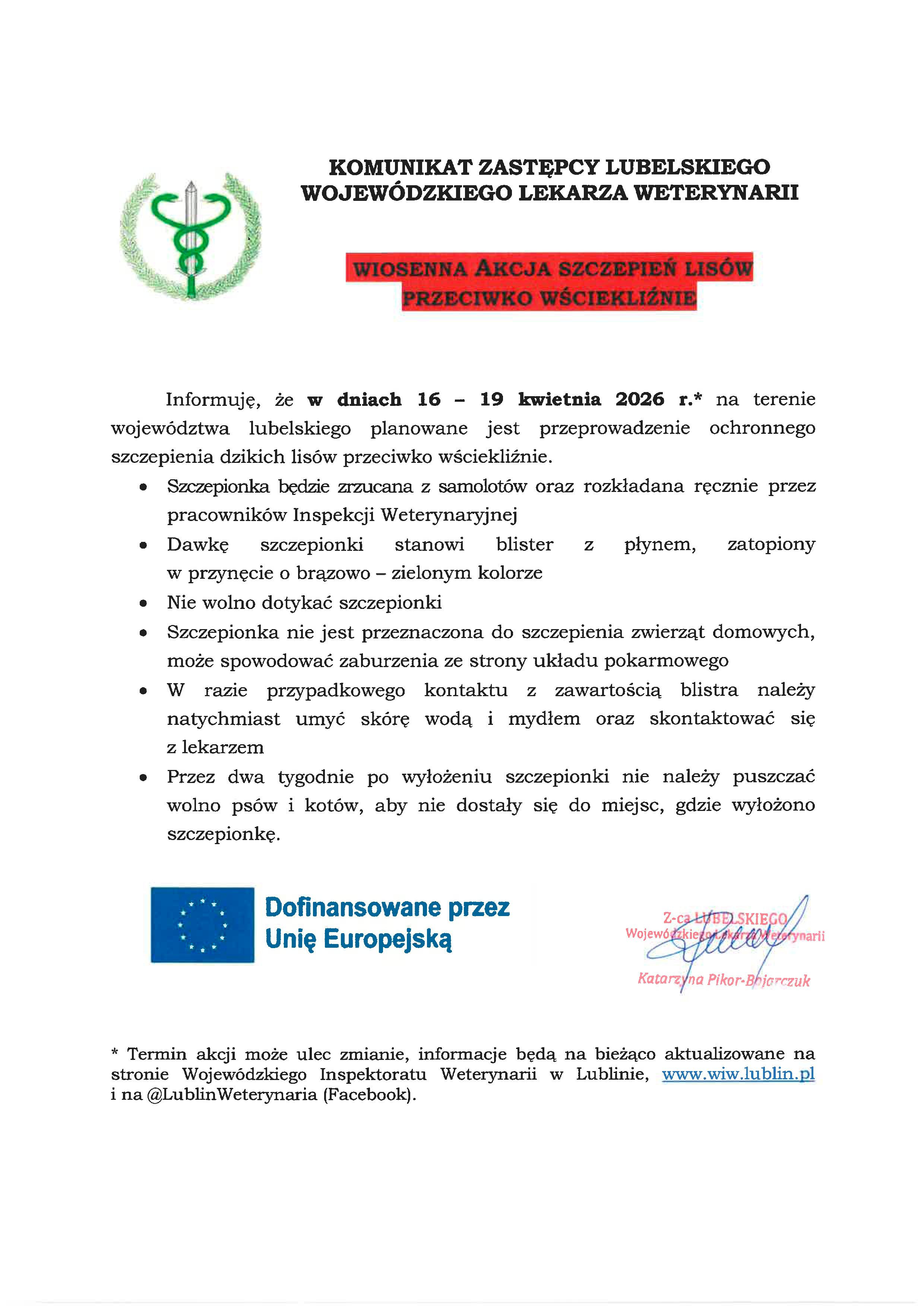 Wiosenna akcja szczepienia lisów 16-19 kwiecień 2026r.