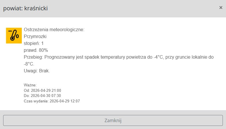 Ostrzeżenia meteorologiczne: Przymrozki 29-30.04.2026r.