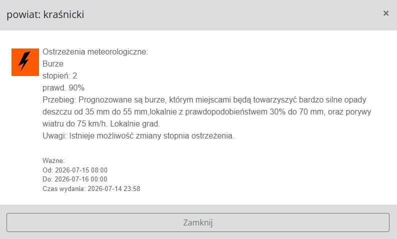 Ostrzeżenia meteorologiczne: Burze 15-16 lipiec 2026r.