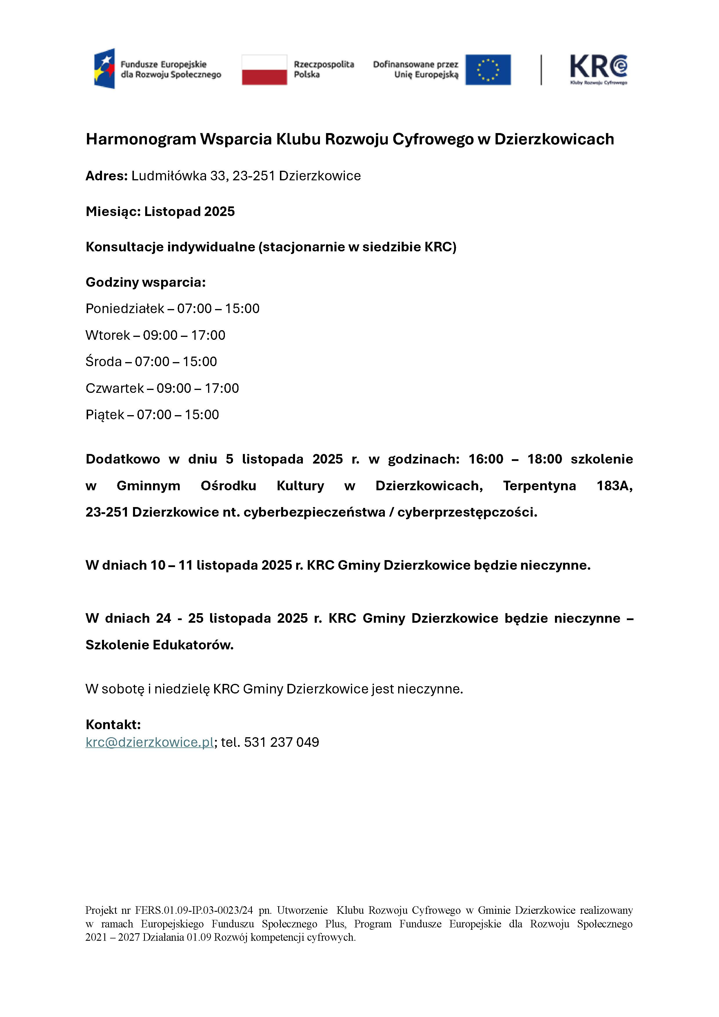 Harmonogram Wsparcia Klubu Rozwoju Cyfrowego w Dzierzkowicach - listopad 2025 - zdjęcie