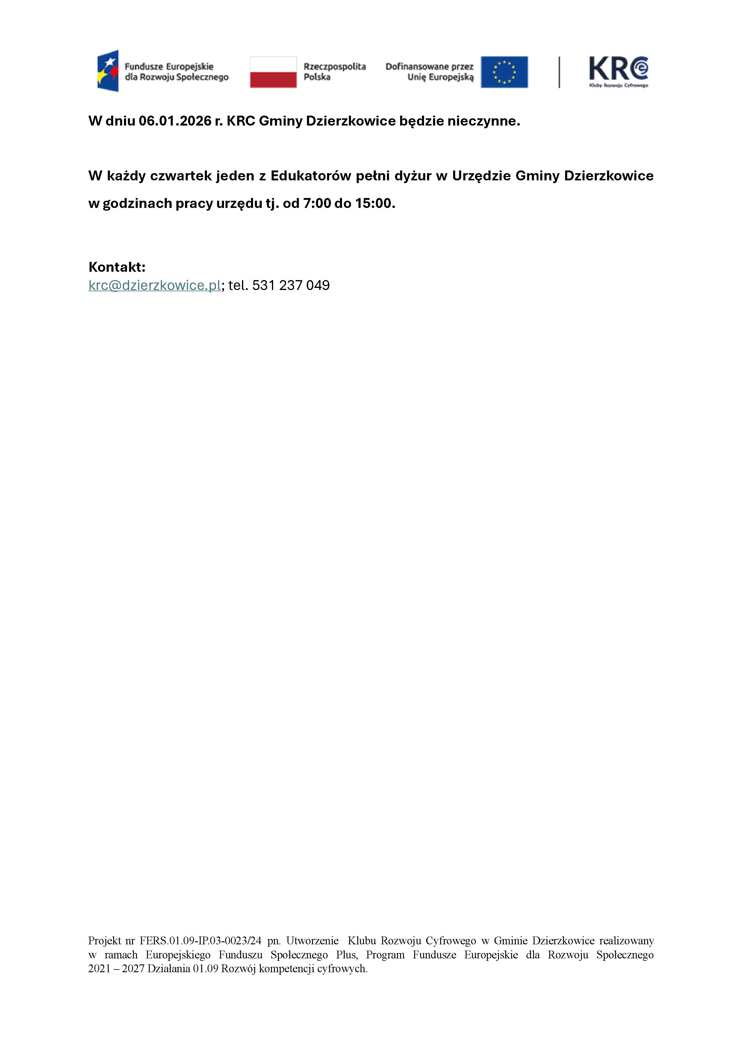 Harmonogram Wsparcia Klubu Rozwoju Cyfrowego w Dzierzkowicach - styczeń 2026