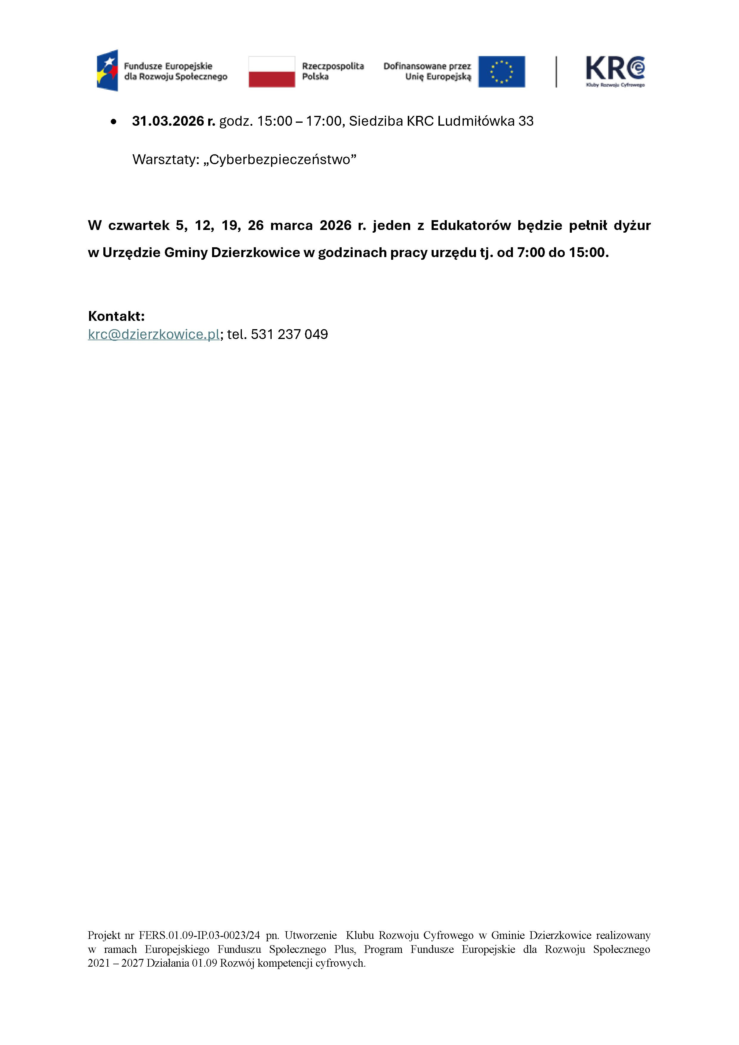 Harmonogram Wsparcia Klubu Rozwoju Cyfrowego w Dzierzkowicach - marzec 2026