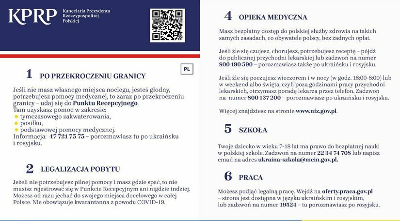 Ulotki informacyjne dla uchodźców Ulotki informacyjne dla uchodźców przygotowane przez Kancelarię Prezydenta RP (w języku: ukraińskim, angielskim, polskim i rosyjskim).