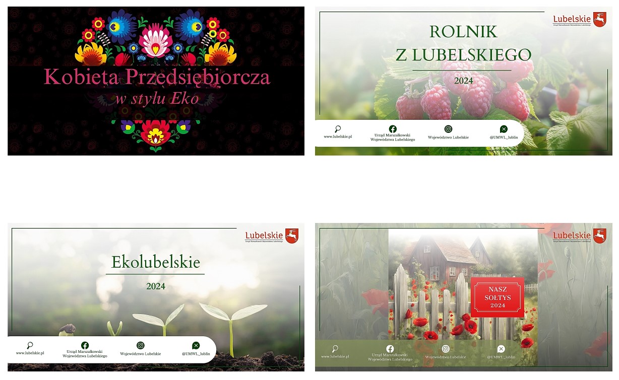 Cztery konkursy skierowane do mieszkańców obszarów wiejskich: Rolnik z Lubelskiego 2024, Ekolubelskie 2024, Nasz Sołtys 2024 oraz Kobieta Przedsiębiorcza w stylu EKO.