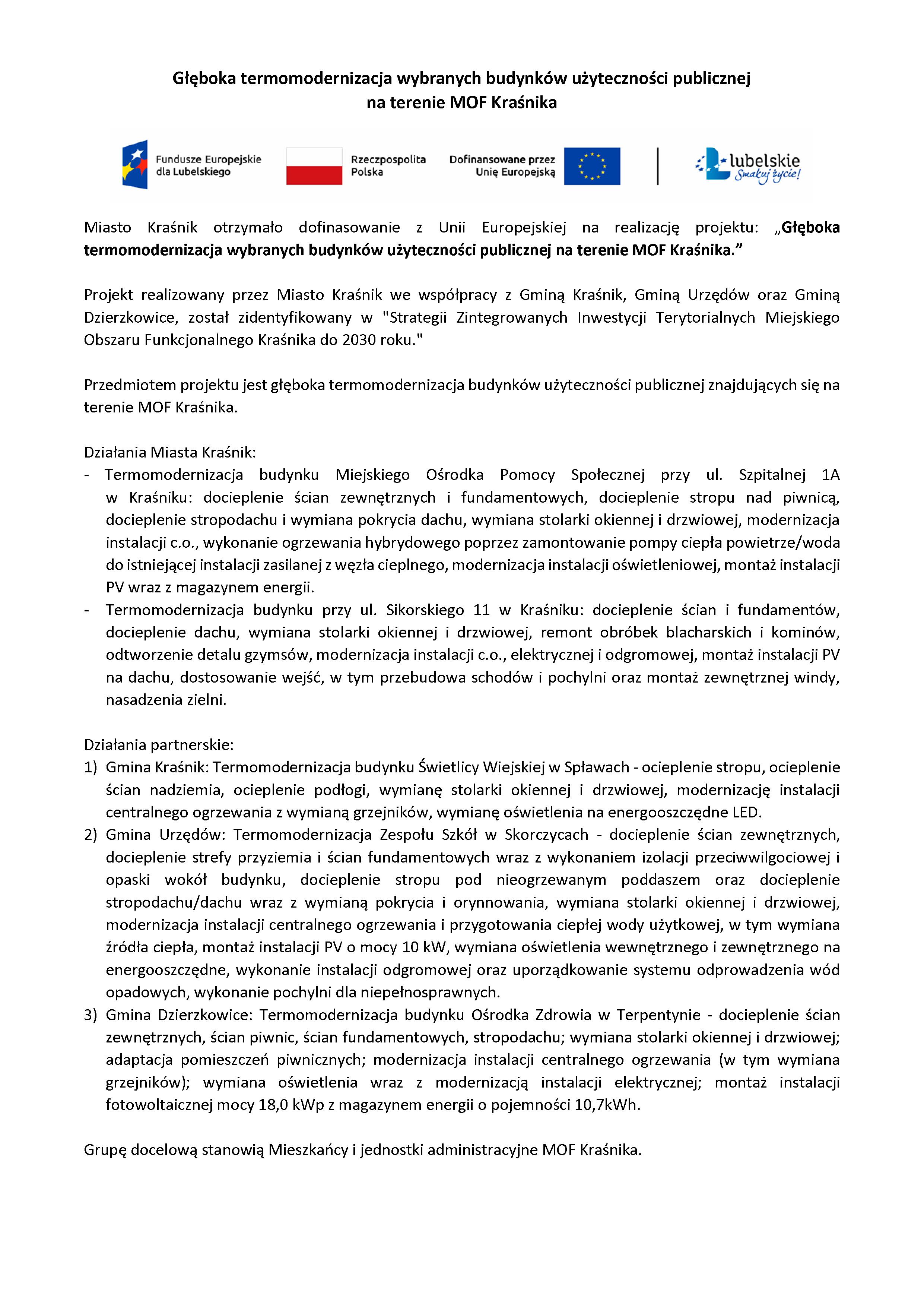 „Głęboka termomodernizacja wybranych budynków użyteczności publicznej na terenie MOF Kraśnika.”