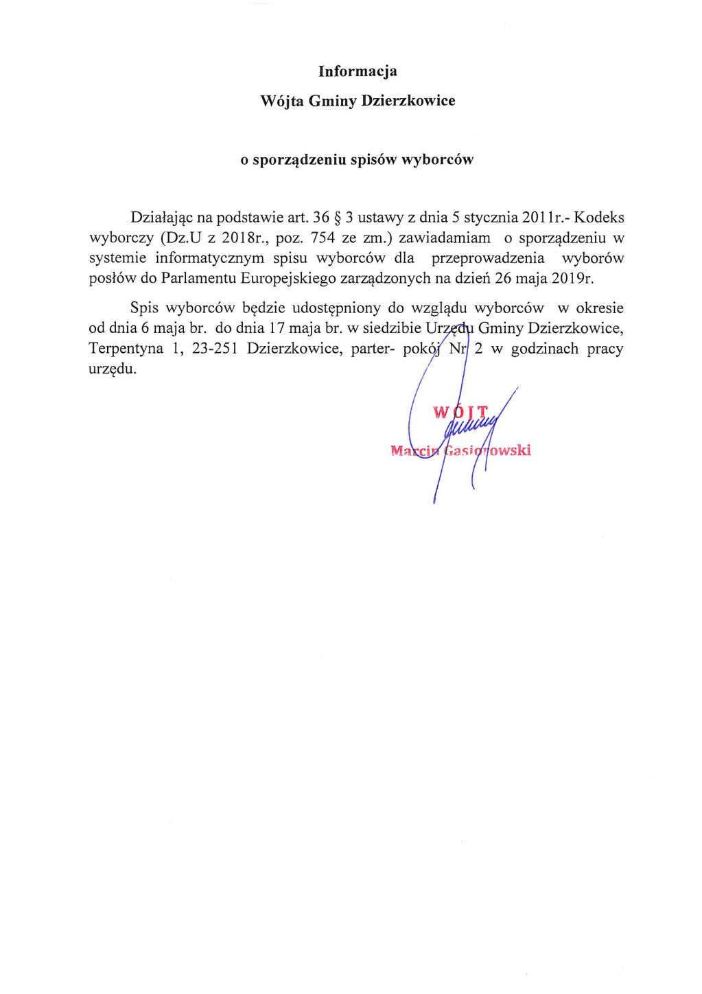 Informacja Wójta Gminy Dzierzkowice o sporządzeniu spisów wyborców. 