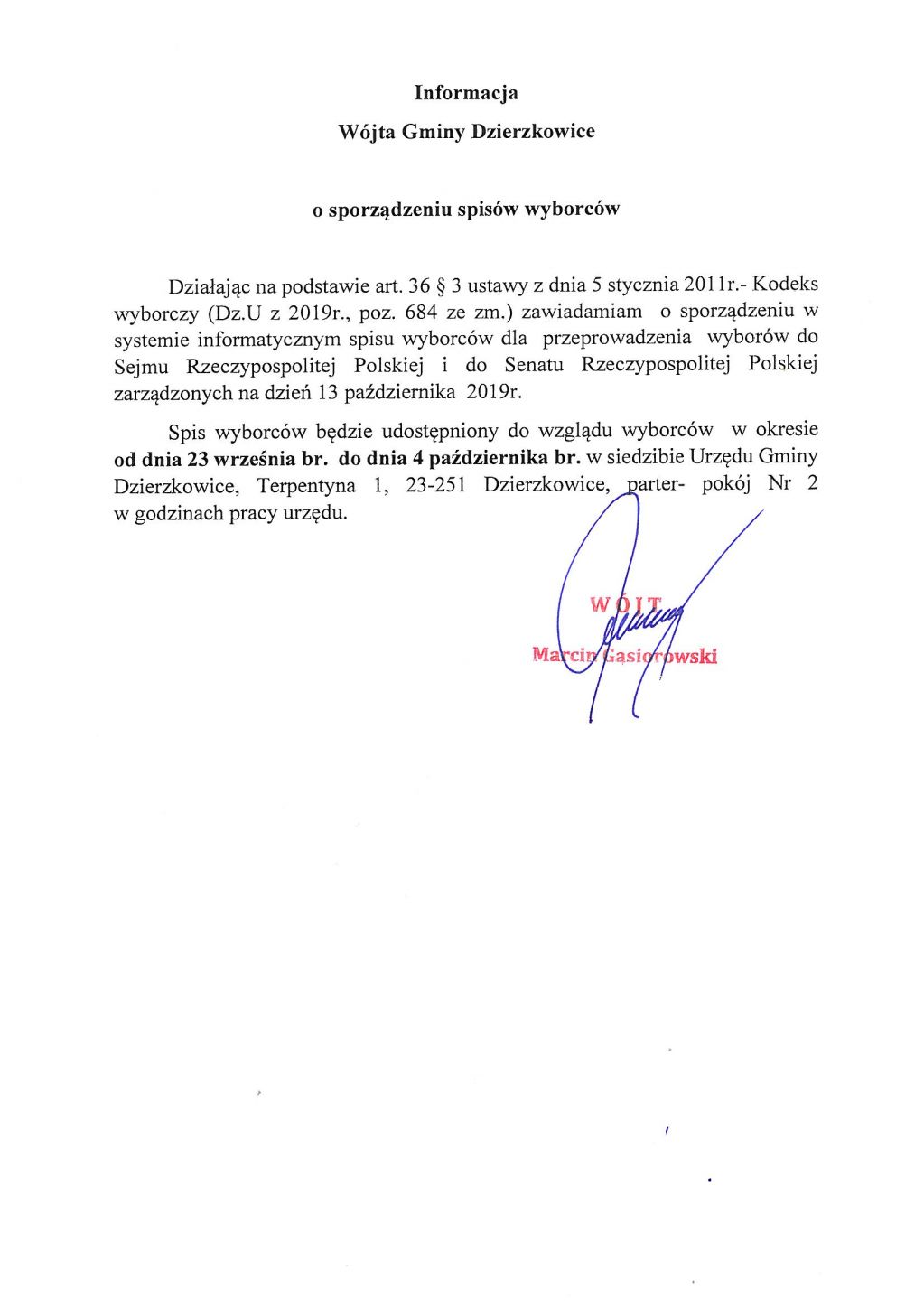 Informacja Wójta Gminy Dzierzkowice o sporządzeniu spisów wyborców.