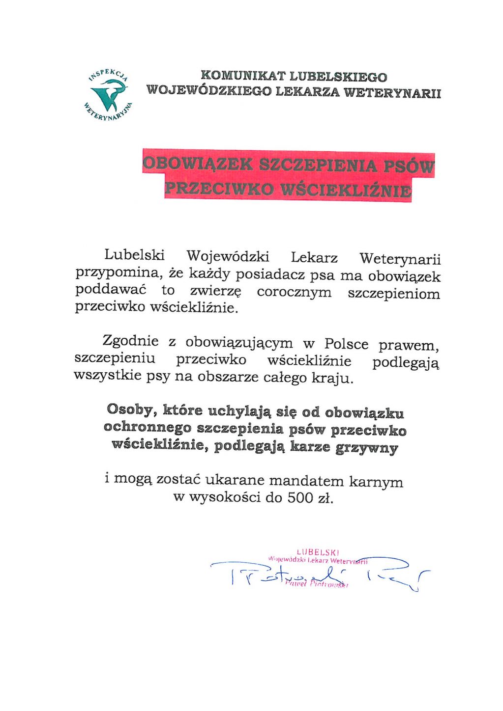 Komunikat lubelskiego Wojewódzkiego Lekarza Weterynari w sprawie szczepienia psów. - zdjęcie