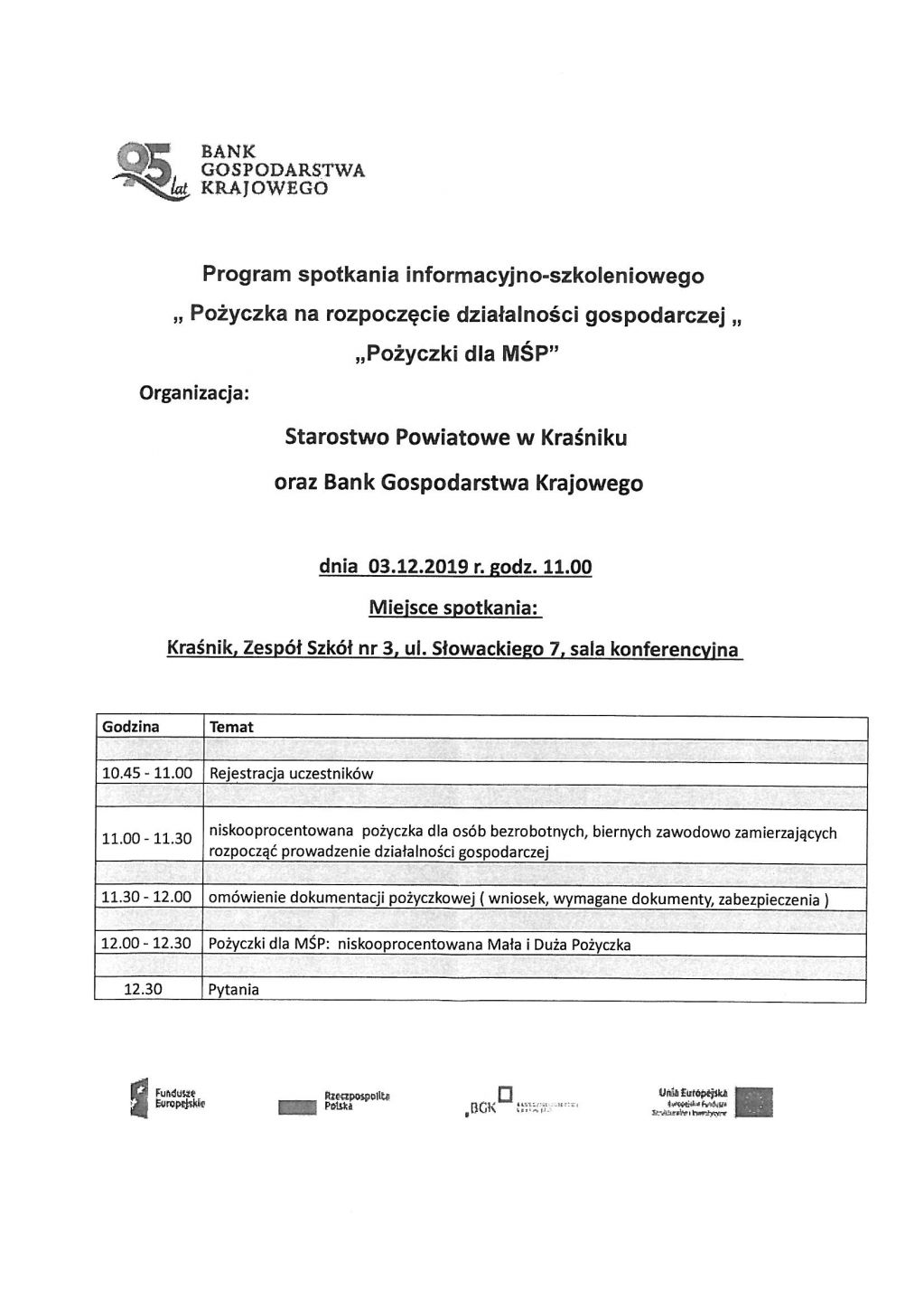 Program spotkania informacyjno-szkoleniowego "Pozyczka na rozpoczęcie działalności gospodarczej"