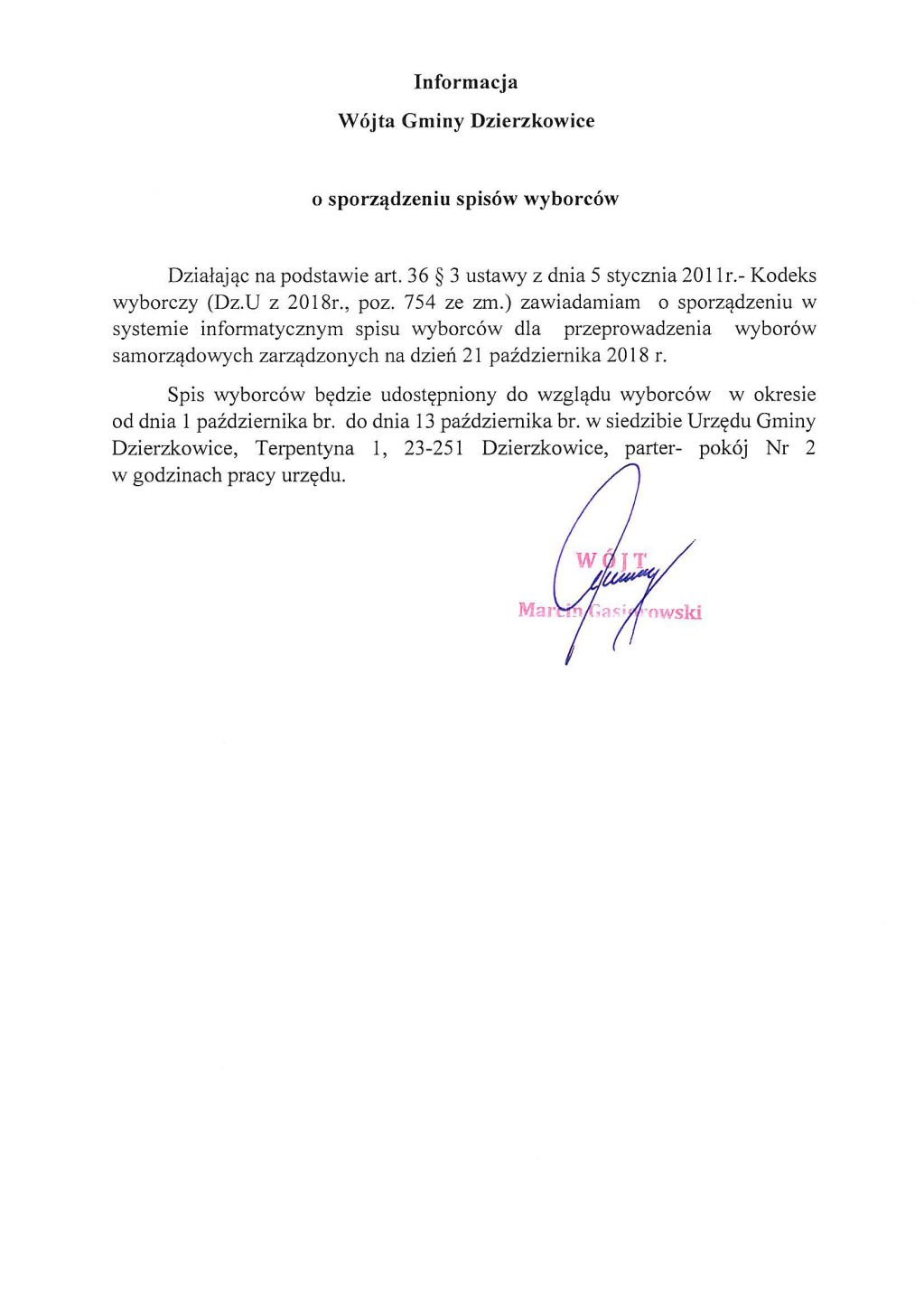 Informacja Wójta Gminy Dzierzkowice o sporządzeniu spisów wyborców
