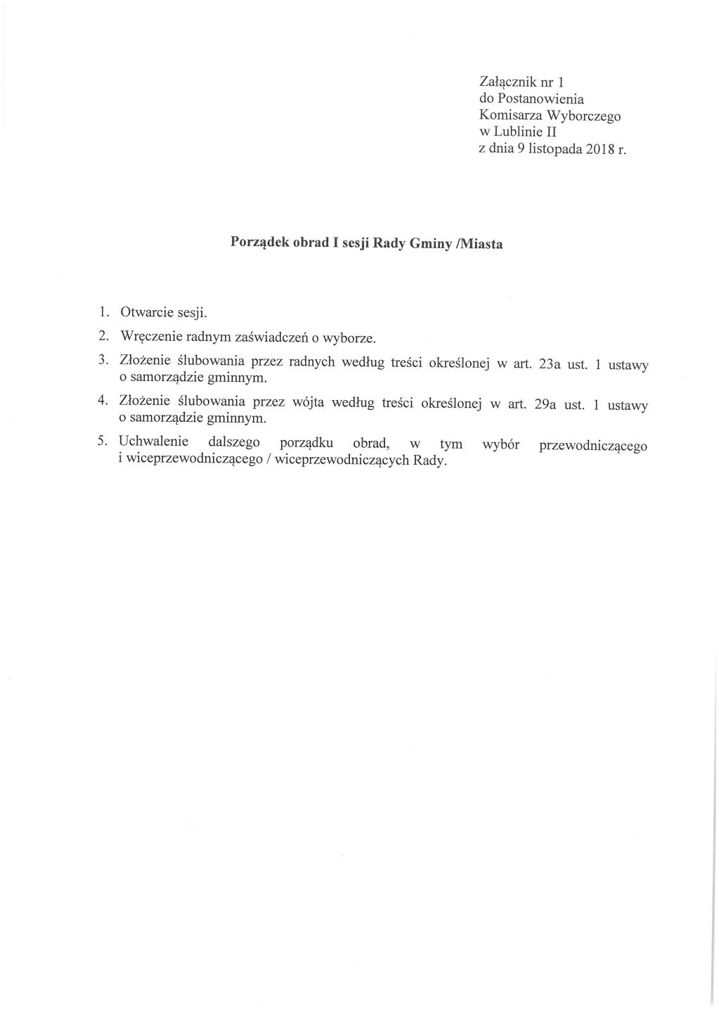 Postanowienia Komisarza Wyborczego w Lublinie II w sprawie zwołania I sesji