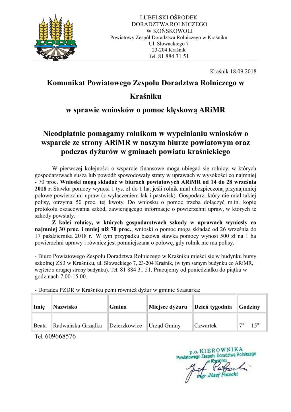 Komunikat Powiatowego Zespołu Doradztwa Rolniczego w Kraśniku w sprawie wniosków o pomoc klęskową ARiMR
 - zdjęcie